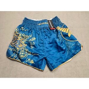 Hayabusa Muay Thai Shorts Teal Blue Gold Embroidered Sak Yant Size M NEW